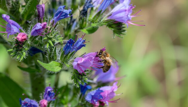 Honeybee Pollinating Purple Wildflowers in Sunny Meadow