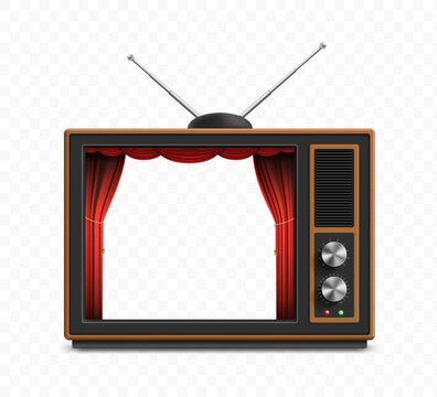 Retro TV with a red curtain on the screen. Isolated on a transparent background. Vector mockup