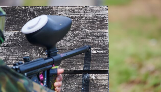 Paintball Marker Aimed from Behind Wooden Fence