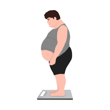 Overweight person stands on a weighing scale, looking down at their belly with concern.