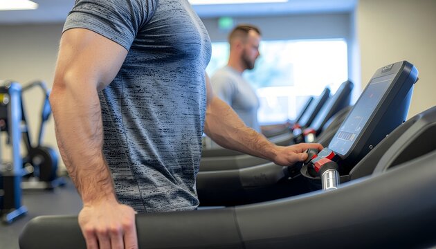 Fit Muscular Man Running on Treadmill in Modern Fitness Center