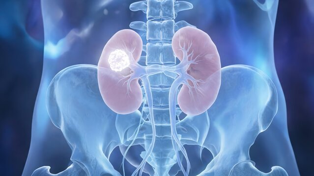 Medical visualization of renal cancer, kidney tumors and renal lesions, human kidney anatomy, lesion demonstration, professional nephrology medical illustration material