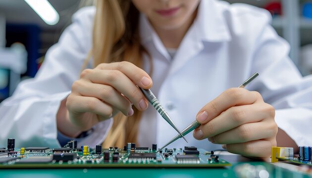 Female Technician Repairing Electronic Circuit Board with Tools