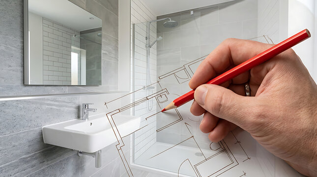 Architectural drawing of modern bathroom design and remodeling concept with hand pencil sketch