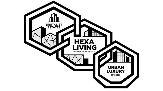 Brutalist Estates, Hexa Living, Urban Luxury: Modern Geometric Architecture Logos