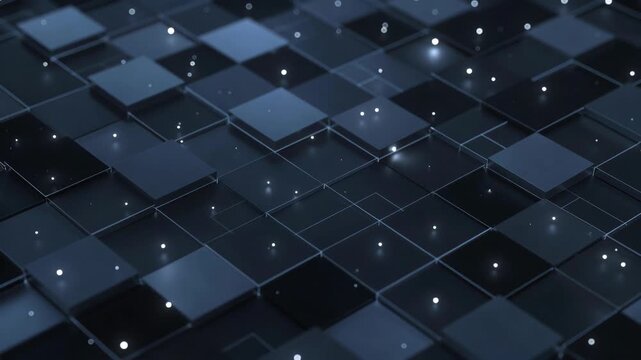 Dark geometric squares forming illuminated grid in abstract style on dark background, concept of modern digital technology