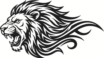 Angry roaring lion head emblem profile with majestic flowing mane black and white design element © melawan