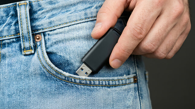 Hand securely tucks a USB flash drive into a jeans pocket, representing personal data and portable technology