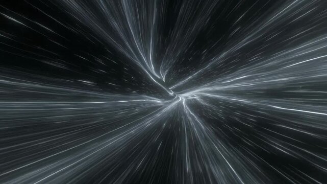 Radiant light trails swirling in a cosmic tunnel, abstract style, on a dark background, concept of speed and hyperspace