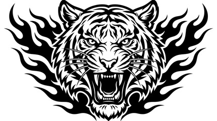 Fototapeta premium Powerful Tiger Head Vector Illustration, Fierce Wildcat Face with Tribal Tattoo Style and Bold Wildlife Mascot Logo Design for Nature and Animal Artwork
