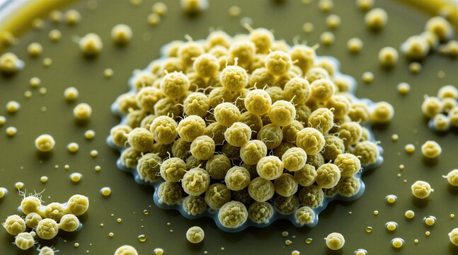 Scientific microscope view shows Saccharomyces cerevisiae yeast cell colony. Small yellow fungal organisms grow on solid nutrient medium surface. Cluster of microscopic spores multiply during