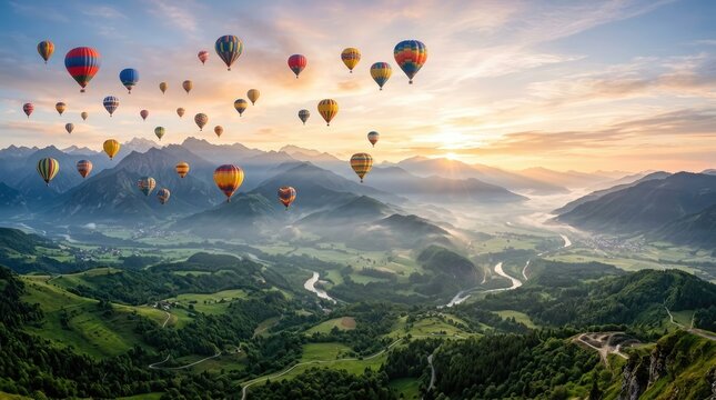 Colorful hot air balloons flying over misty green valleys and mountains at sunrise