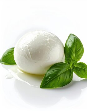 A pristine white ball of fresh cheese rests on a glistening surface, adorned with vibrant green leaves