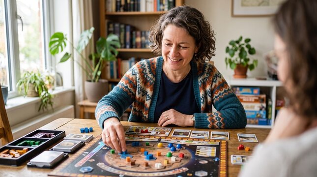 Two women playing a strategy board game at a wooden table indoors with plants and bookshelves in the background
