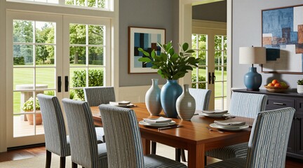 Fototapeta premium Modern dining room features wooden table with ceramic vases, green plant. Striped chairs surround furniture near glass doors overlooking green garden. Blue wall art accents bright interior space.