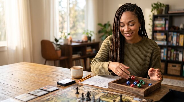 Woman playing tabletop role playing game with dice and miniatures at wooden table