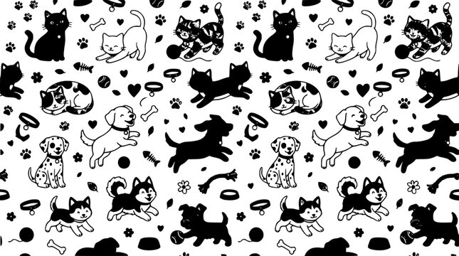 Cute Pet Cats and Dogs Seamless Animal Theme Background Vector Pattern