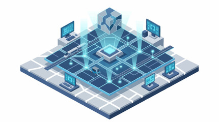 Isometric digital network infrastructure with connected devices. © Joi