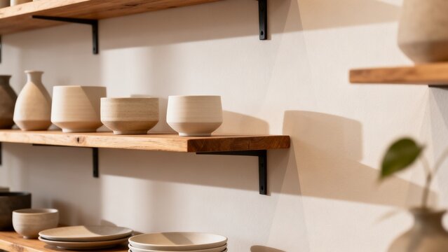 Independent retail display with ceramic pieces natural wood shelf local ret