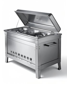 Stainless steel commercial cooking station with burners, lids, and controls