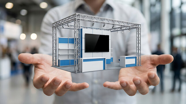 Professional businessman hands holding a digital 3D model of an exhibition trade show booth design
