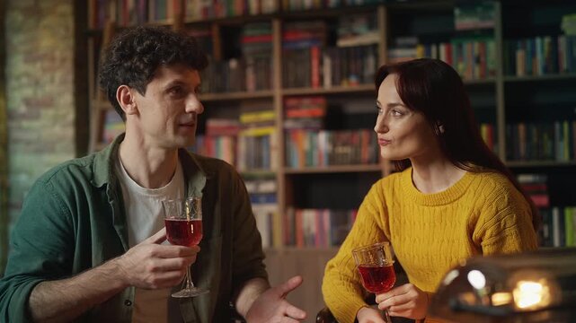 Red-haired woman and boyfriend enjoying romantic cafe date while drinking wine