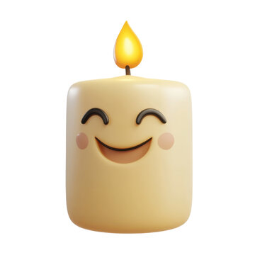 Cute smiling candle character with burning flame and happy face isolated on white transparent background