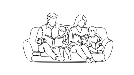Continuous line drawing of a happy family reading books together on a sofa