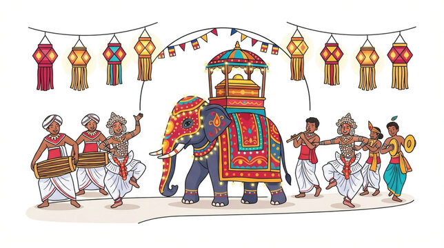 Sri Lanka Esala Perahera Festival Celebration: Elephant Parade with Dancers and Musicians