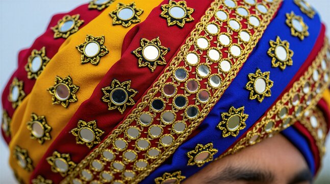 Close up view of traditional Indian turban with bright red yellow, blue fabric colors. Ornate headdress features small round mirror decorations with gold embroidery thread stitching. Intricate ethnic