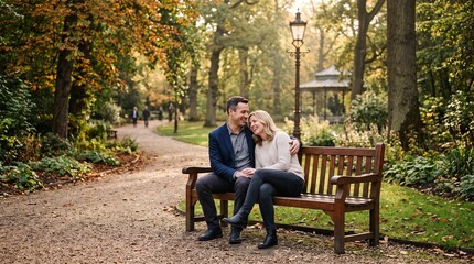 Fototapeta premium Happy couple sitting on a park bench in autumn surrounded by colorful trees and fallen leaves