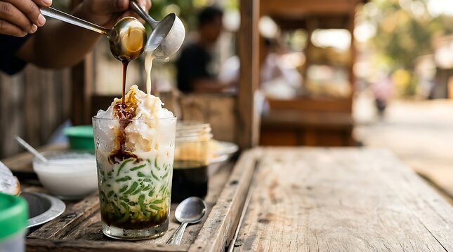 Hands pouring palm sugar syrup onto authentic iced cendol dessert