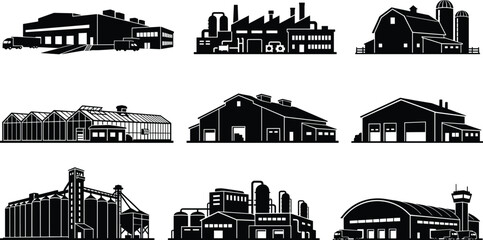 Obraz premium Industrial and Agricultural Building Silhouette Collection Featuring Factory Warehouse Greenhouse Barn Silo and Hangar Vector Icons