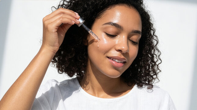 Greek Woman Applying Facial Serum with Dropper for Premium Skincare