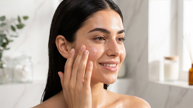 Young Greek Woman Applying Face Moisturizer in Luxury Beauty Editorial