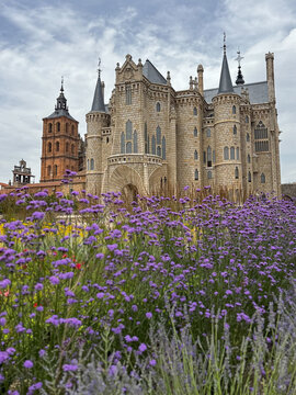 Scenic postcard view of the Episcopal Palace designed by Antoni Gaudi in Astorga, Leon, Spain. Iconic Neo-Gothic landmark and popular tourist destination
