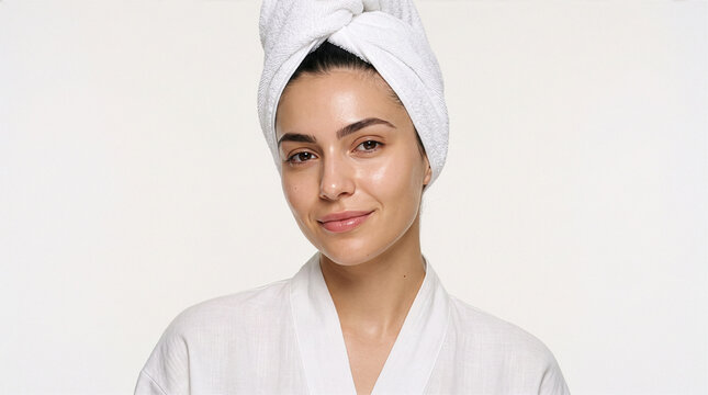 Greek Woman Wearing White Spa Towel for Minimalist Skincare Concept