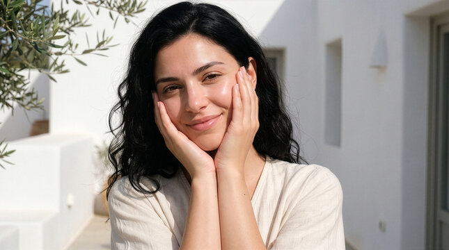 Elegant Greek Woman Framing Face with Hands in Minimalist Beauty Campaign