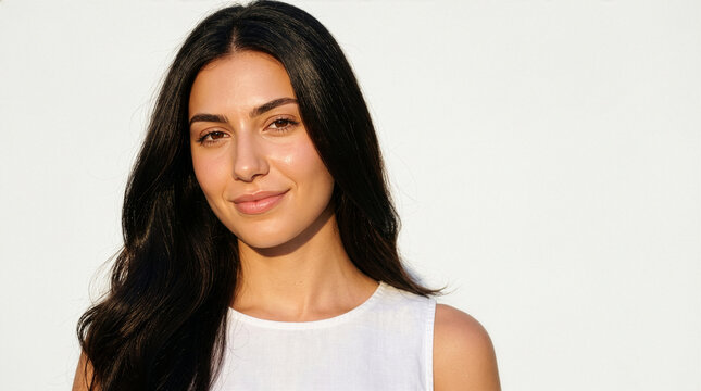 Young Greek Woman Looking Toward Sunlight with Luminous Complexion