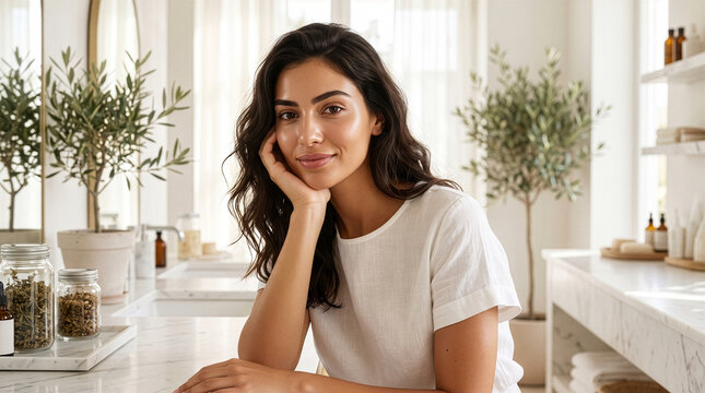 Greek Woman Resting Chin on Hand with Luminous Hydrated Skin