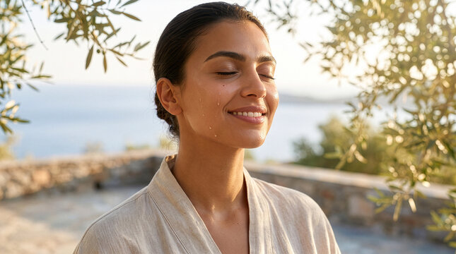 Greek Woman Enjoying Fresh Morning Sunlight for Wellness Skincare