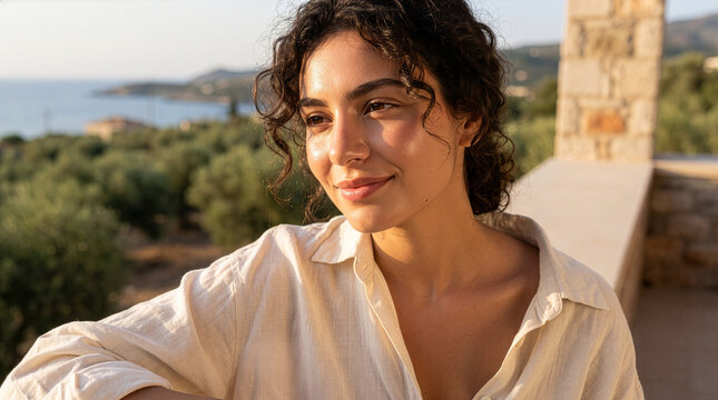 Radiant Greek Woman Illuminated by Golden Hour Sunset Light