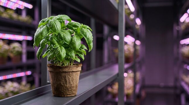 Fresh green basil in biodegradable pot growing under pink LED lights on vertical farm⁠