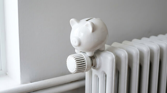 Financial savings on home heating expenses a white piggy bank resting on a radiator signifies cost management
