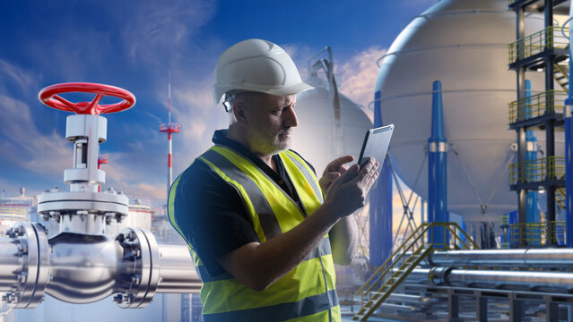 Natural gas industry. Field engineer monitors gas storage infrastructure and pipeline systems using tablet at energy facility.