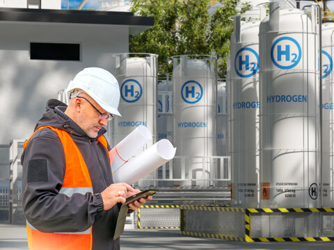Hydrogen storage facility. Technical specialist monitors hydrogen tank operations, checks engineering documentation and performs safety inspection at clean energy site.