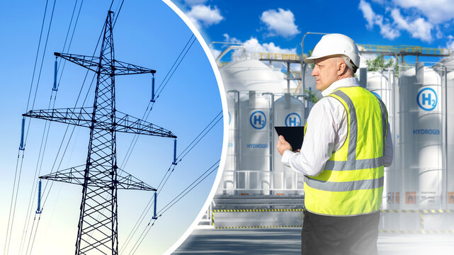 Hydrogen energy industry. Engineer supervises hydrogen storage facility and evaluates power grid integration for clean energy distribution systems.