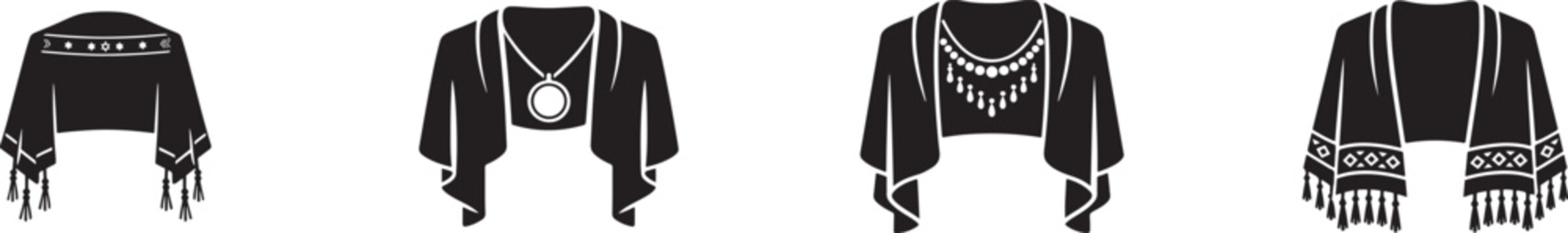 Prayer shawl minimal silhouette icon set. Black Hanukkah symbols on white background, editable vector.