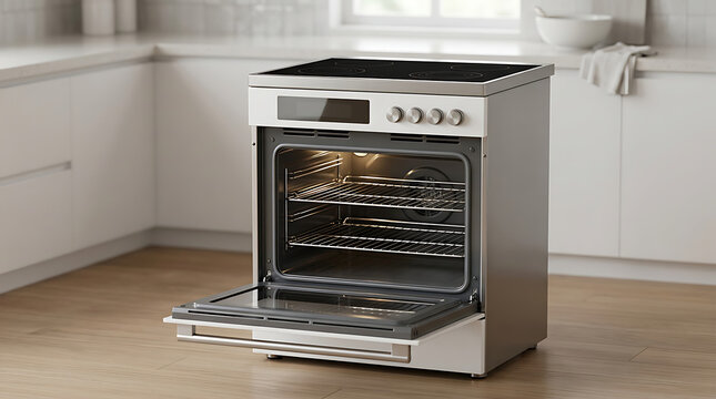 Modern stainless steel white electric range oven with open door in a bright kitchen