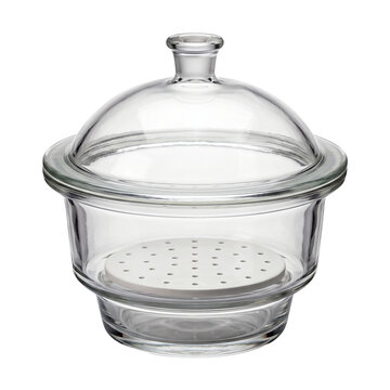 Glass desiccator laboratory apparatus for drying samples under vacuum with perforated plate and ground glass joint lid.